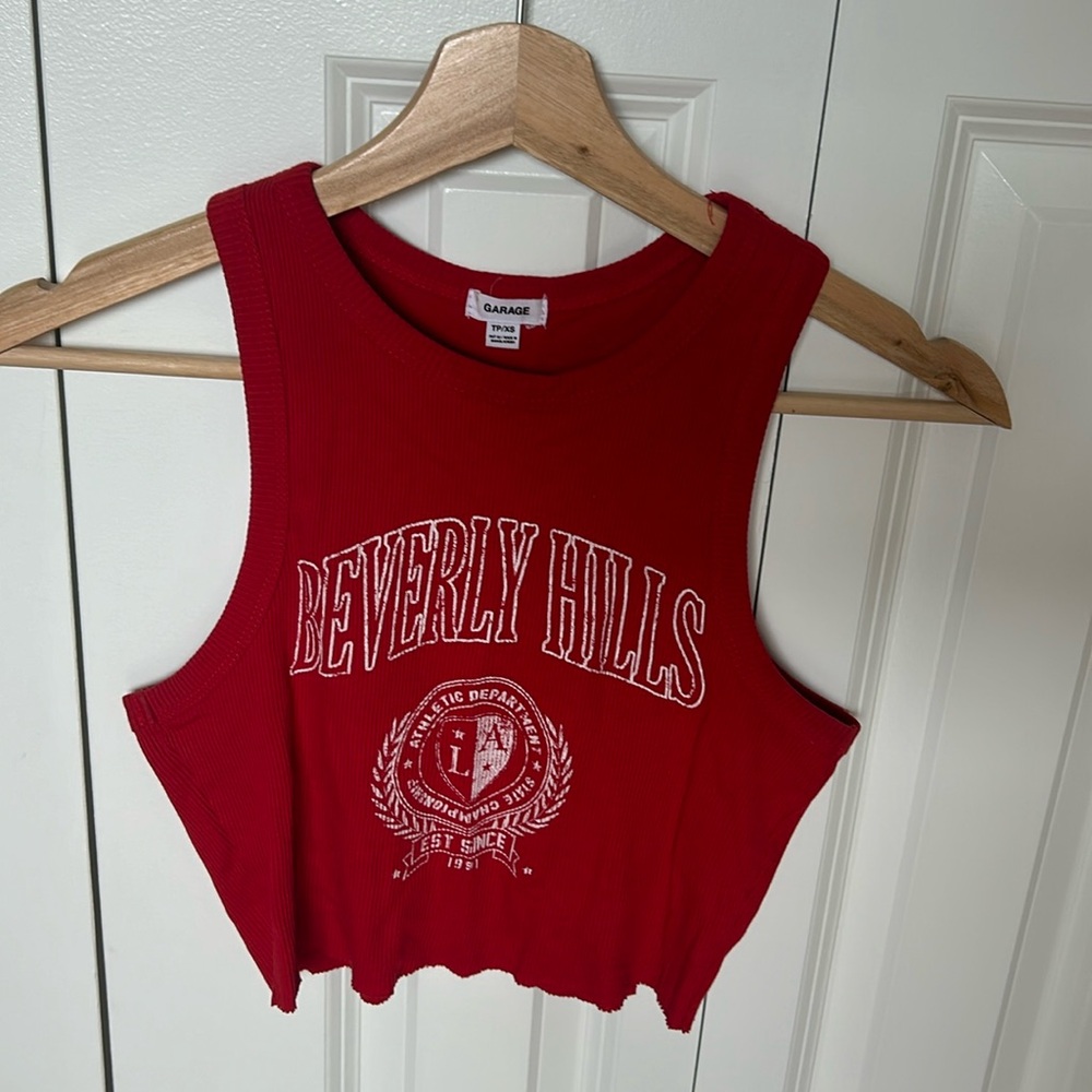 BEVERLY HILLS RED CROPPED CUTOFF TANK FROM GARAGE